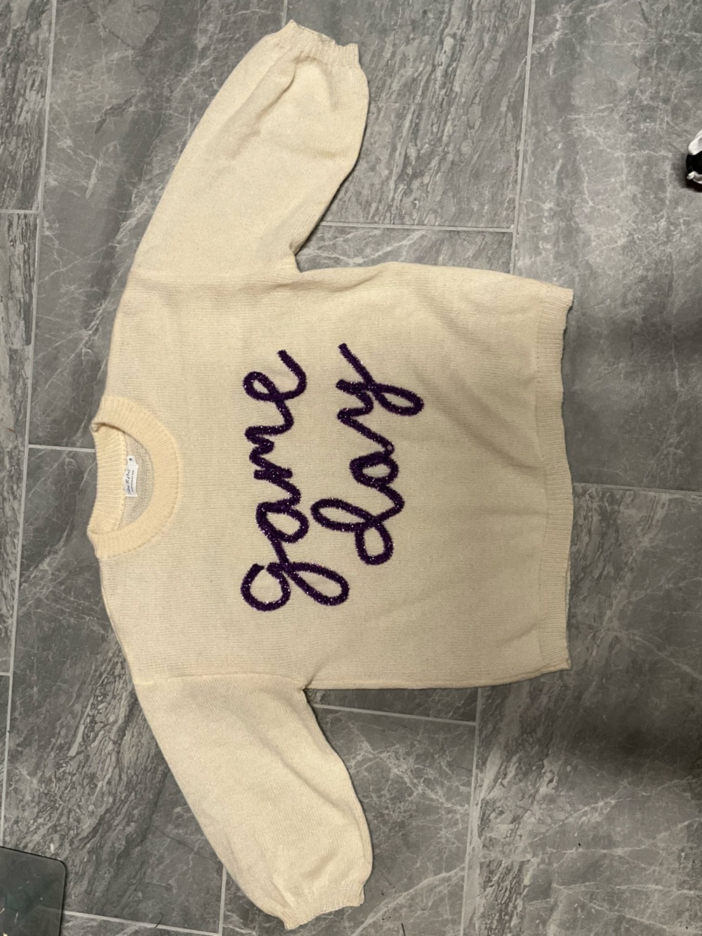 Cream 'Game Day' Crewneck Sweater with Purple Script by